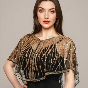 Elegant Black and Gold Beaded Cape